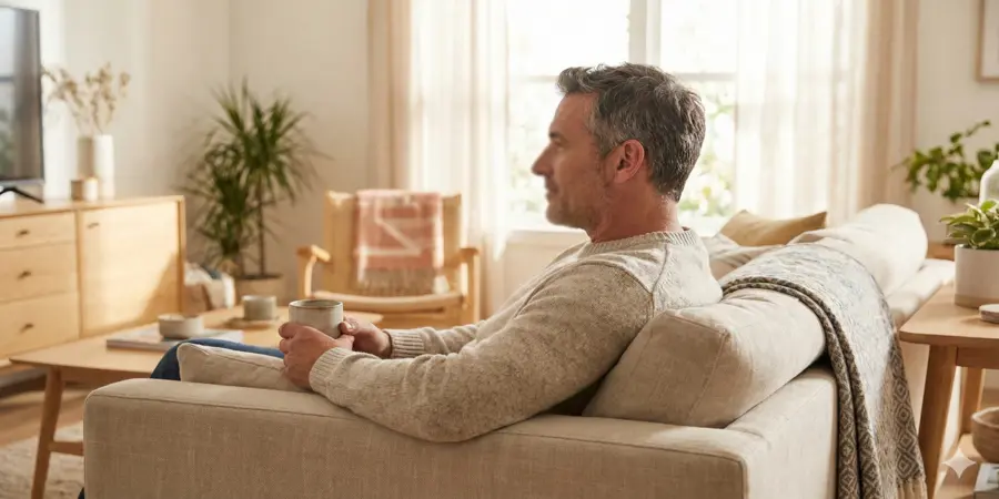 Man zit ontspannen op een bank in een lichte woonkamer en kijkt rustig voor zich uit