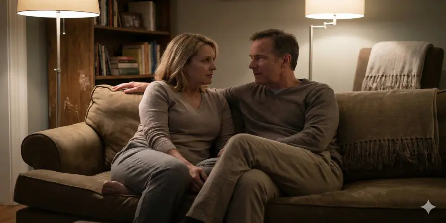 Stel zit samen op de bank en voert een rustig gesprek