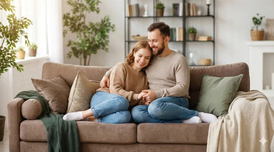Koppel in de woonkamer op de bank.