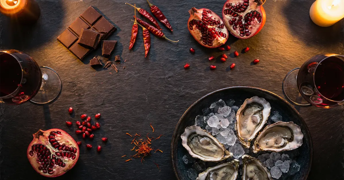 Oesters, chocolade, granaatappel en rode wijn op donkere leisteen als natuurlijke afrodisia