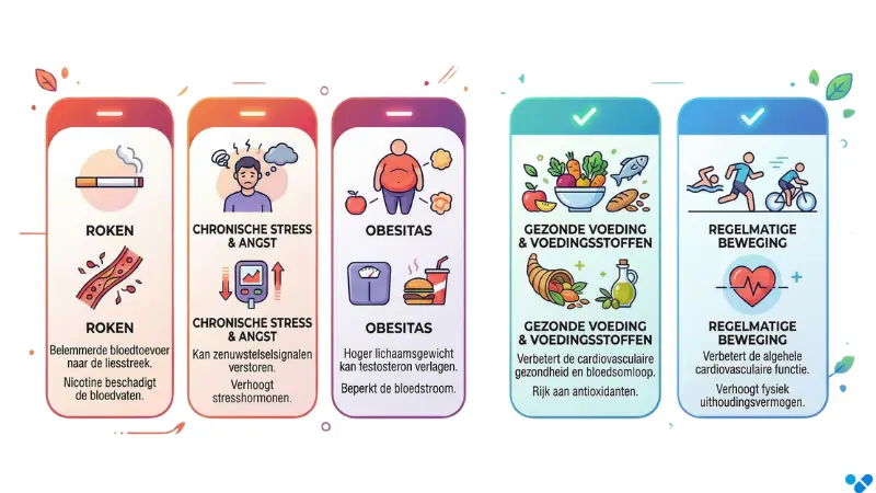 Illustratie van leefstijlfactoren zoals roken, stress en overgewicht die erectie beïnvloeden